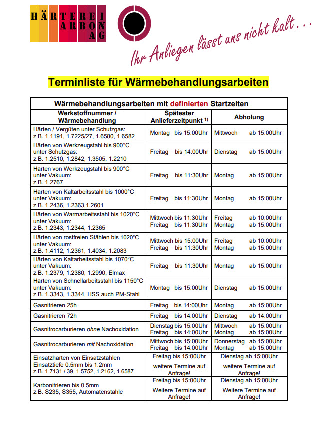 Terminliste Härterei Arbon AG